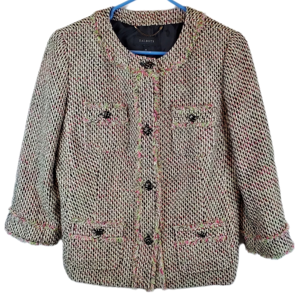 Talbots Pink Green Candy Fringe Tweed Blazer Jacket Size 10 Womens Button Up - Picture 1 of 12